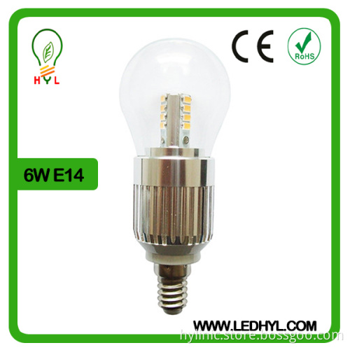 Golden color clear cover warm white 6W e14 led candle bulb